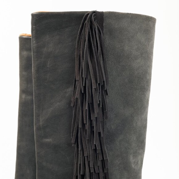 Isabel Marant Manly Anthracite Leather & Suede Fringe Knee-High Wedge Boots - Picture 8 of 9